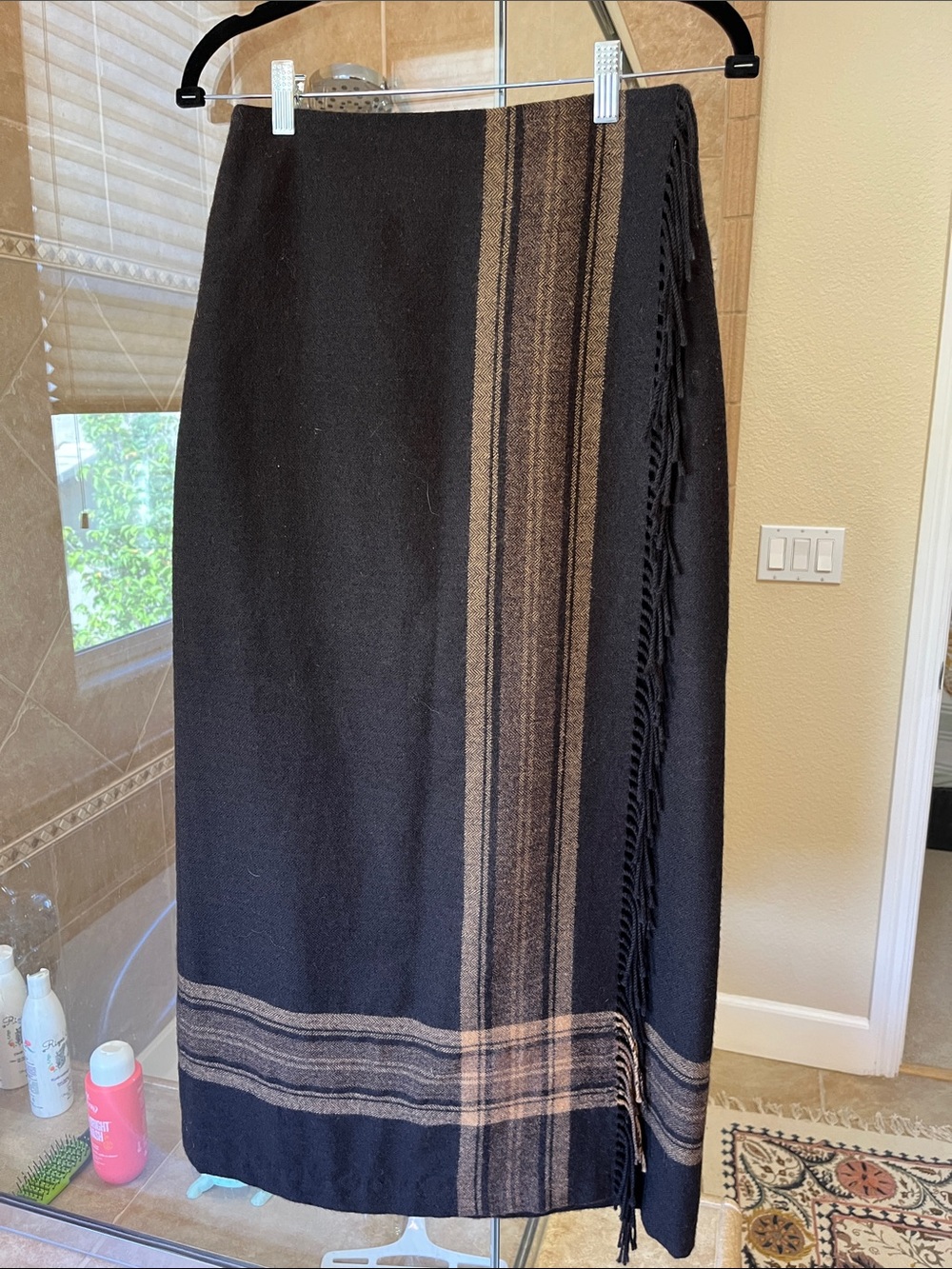 Dana Buchman Brown wool wrap-around skirt with fringe